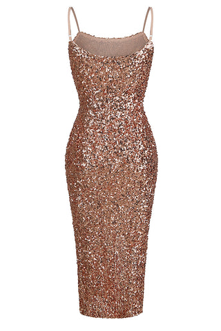 Strappy Sequins Slit Midi Dress in Gold