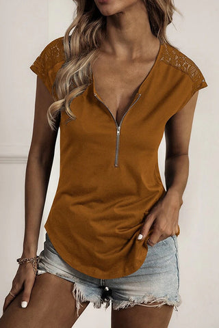 Zip Neck Lace Short Sleeve T-Shirt