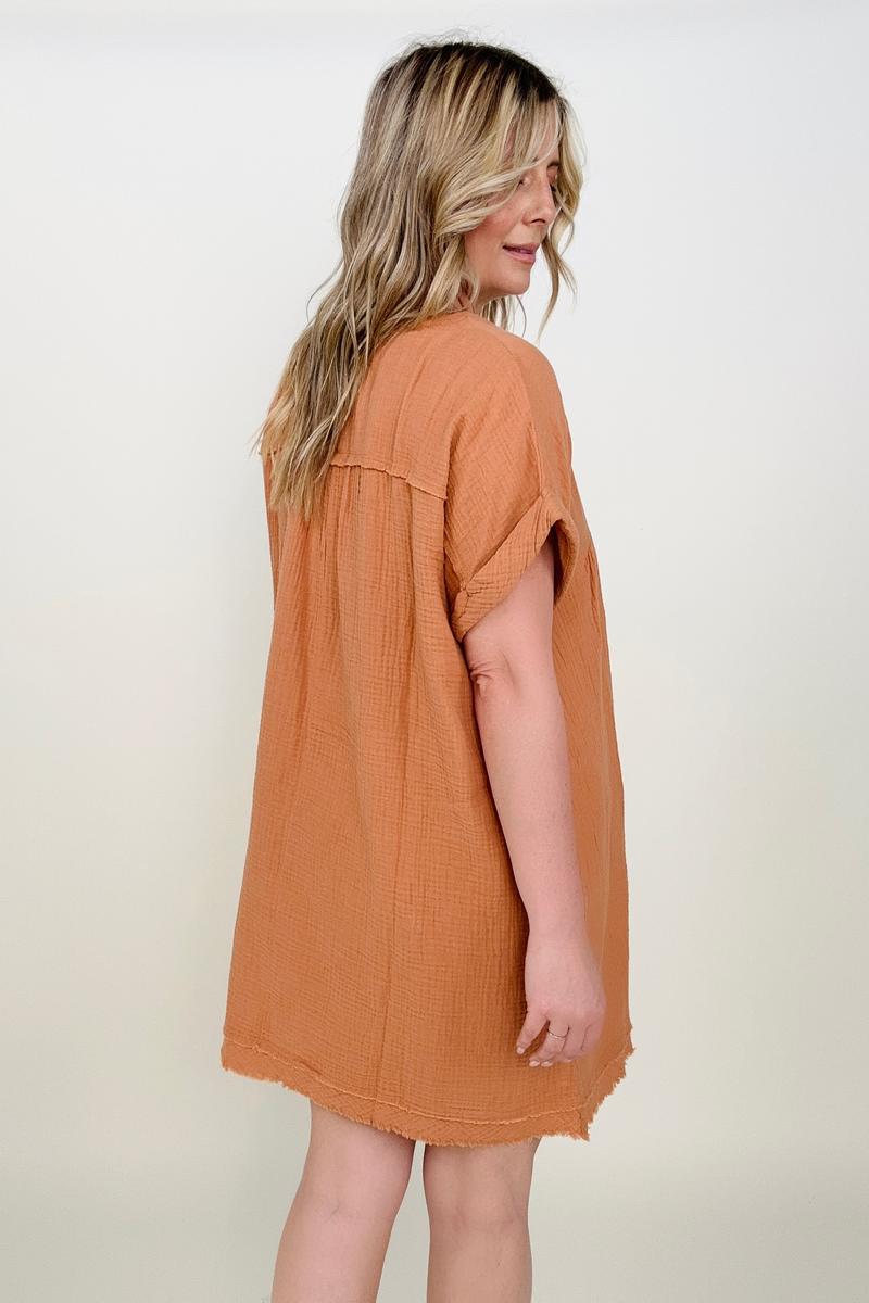 Gauze Short Sleeve Raw Edge V-Neck Dress