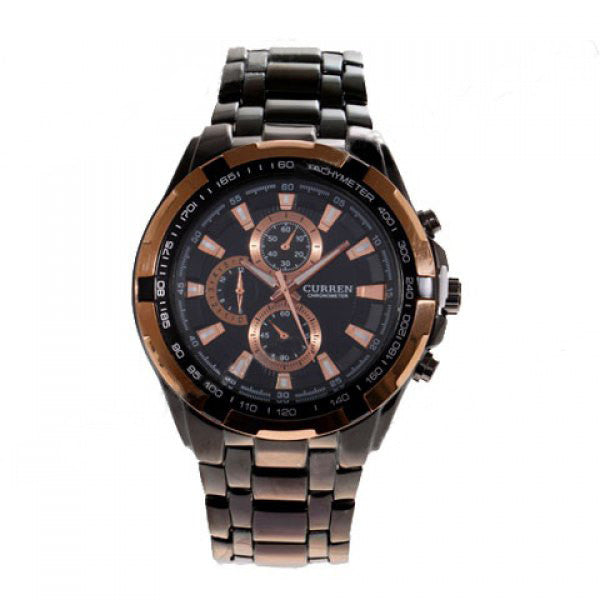 Chronographe en acier inoxydable noir avec accents cuivrés (cadran noir de 5 cm)