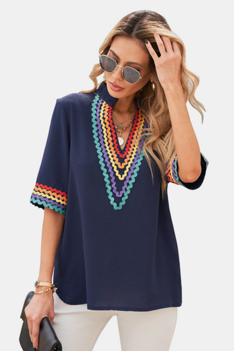 Embroidered Deep V Neck Chiffon Top