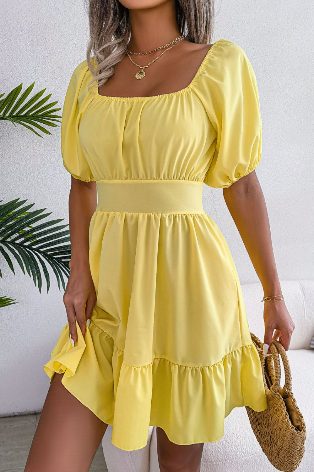 Square Neck Balloon Sleeve Ruffled Dress