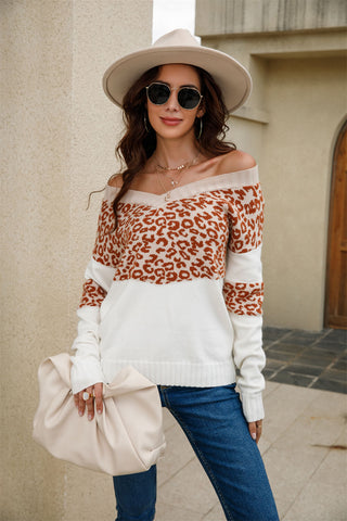 Leopard Color Block V-Neck Knit Pullover