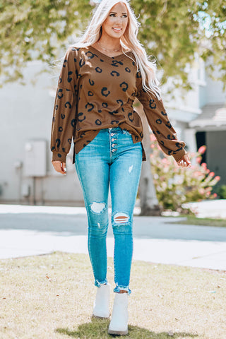 Leopard V-Neck Side Slit High-Low Top