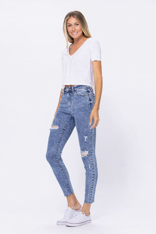 High Rise Acid Wash Destroyed Skinny Jeans