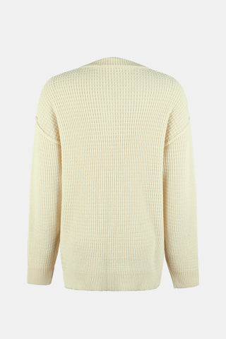 Waffle-Knit Quarter Button Dropped Shoulder Sweater