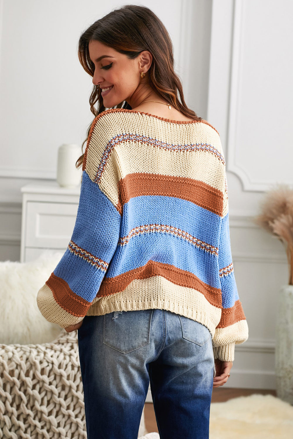 Striped V-Neck Pullover Sweater