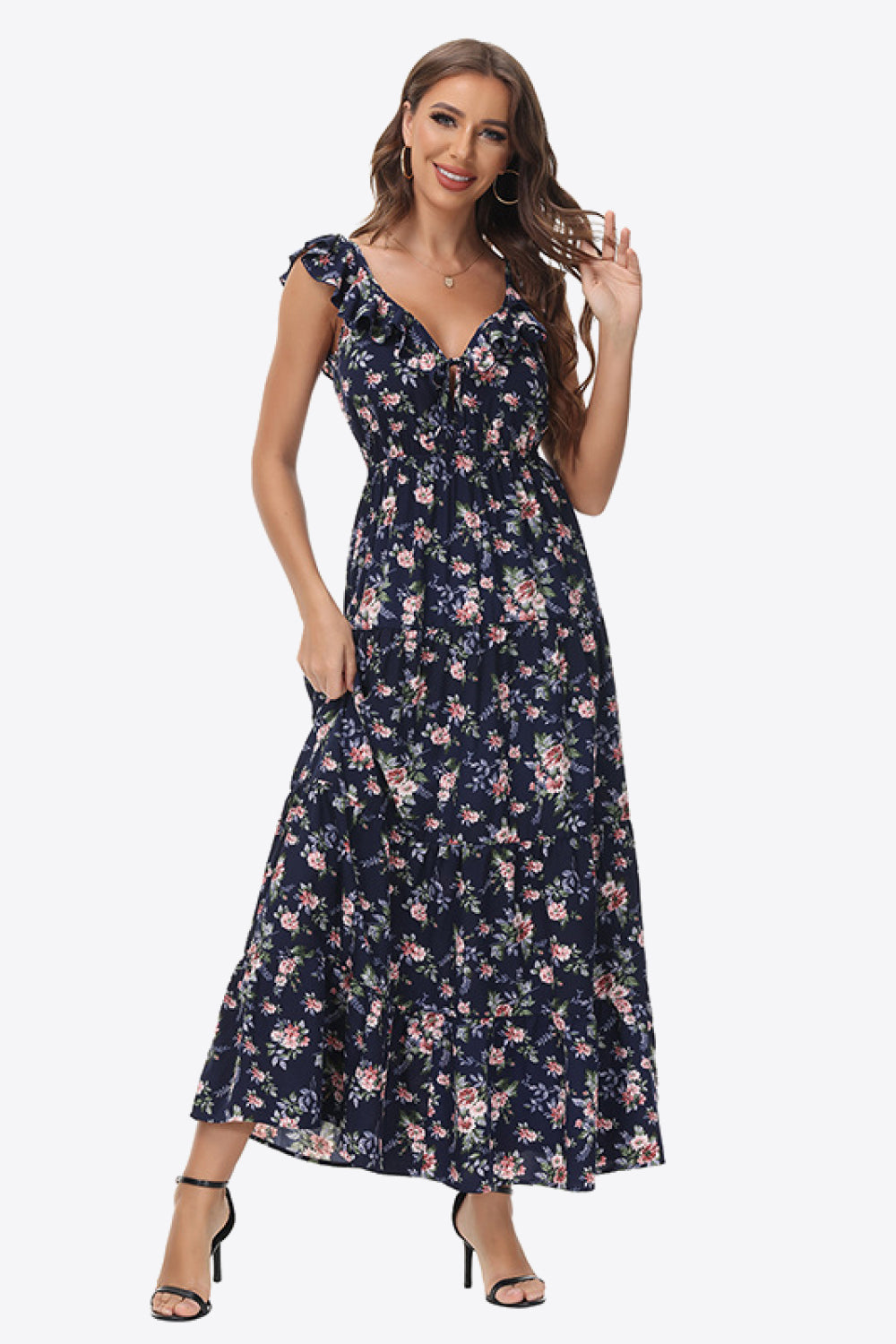 Maxikleid mit Blumenmuster, Rüschen an den Schultern und Bindeband