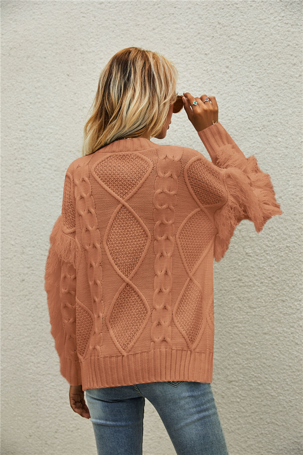 Mixed Knit Fringe Detail Round Neck Sweater