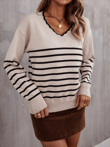 Striped V-Neck Ribbed Trim Knit Top