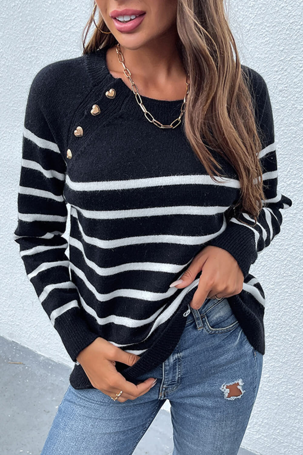 Striped Heart-Shaped Button Round Neck Sweater