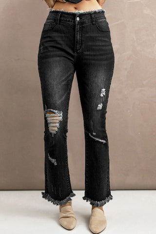 Jeans mit hoher Taille und Used-Look und offenem Saum