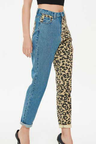 Zweifarbige Jeans mit Leopardenmuster in voller Größe
