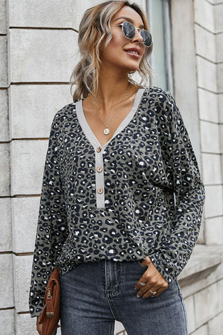 Leopard Buttoned Contrast Trim Top