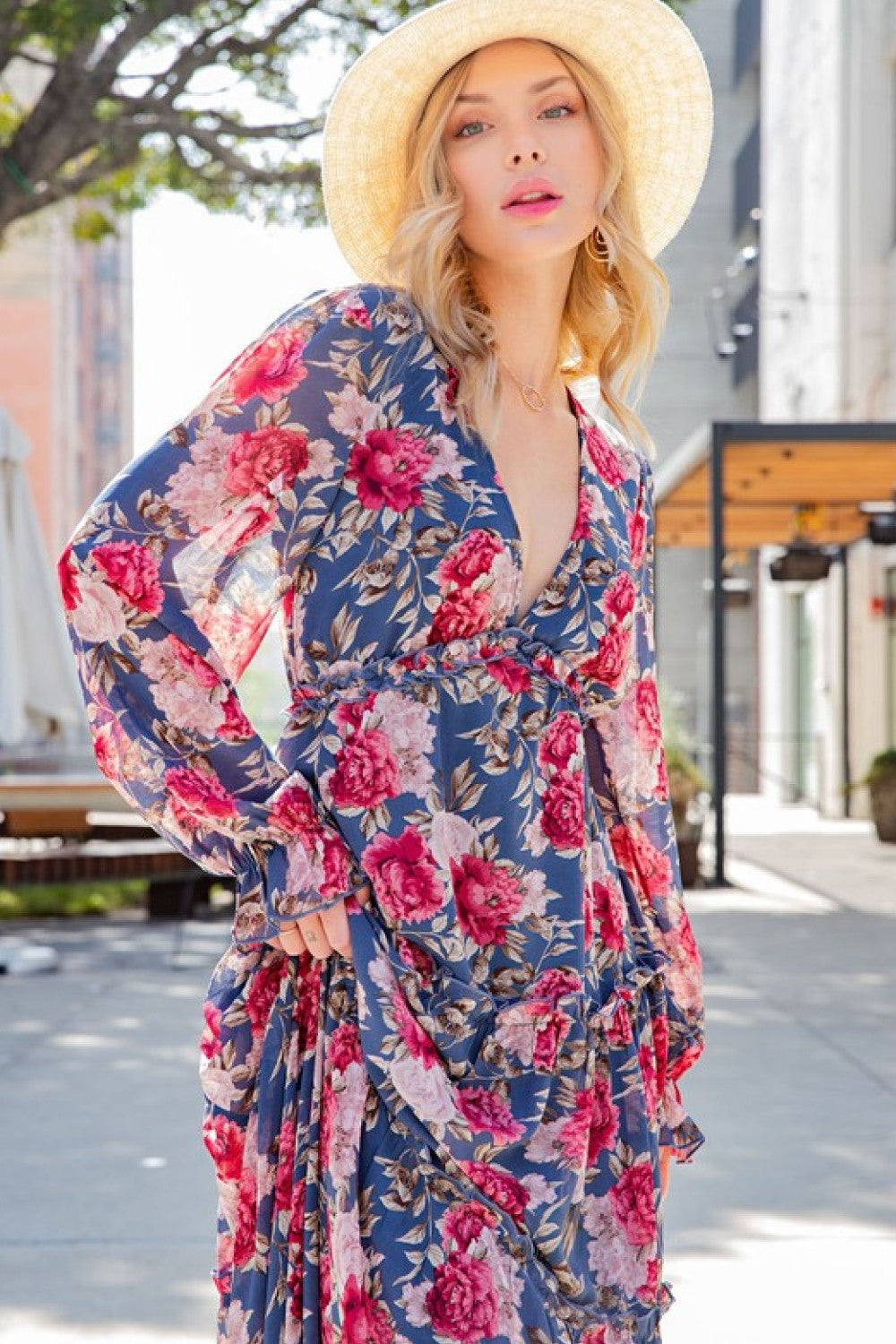 Floral Frill Trill Deep V Maxi Dress