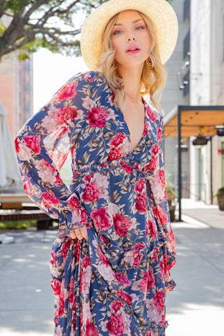 Floral Frill Trill Deep V Maxi Dress