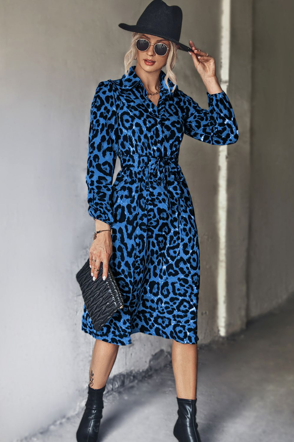 Leopard Print Belted Slit Shirt Dress