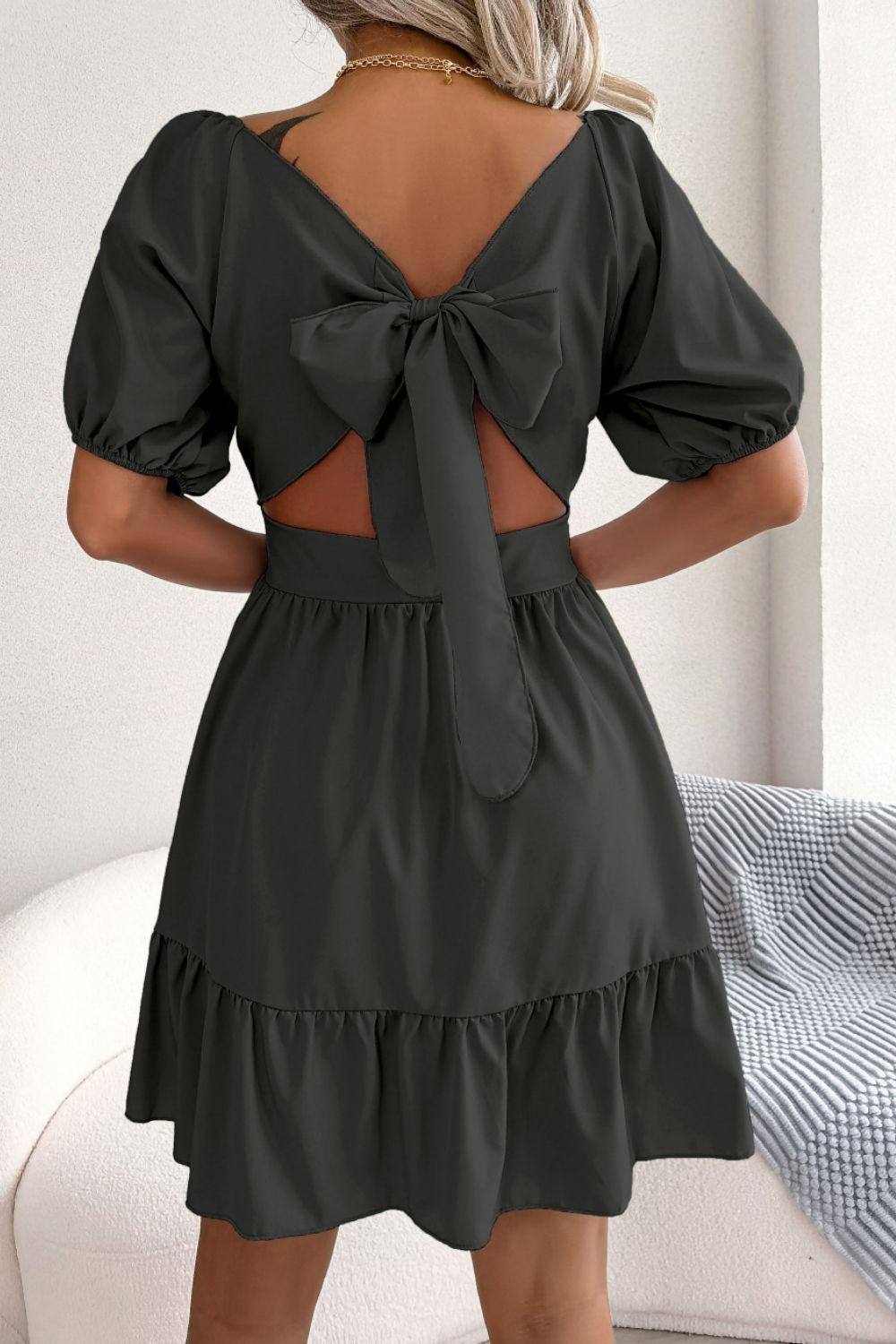 Square Neck Balloon Sleeve Ruffled Dress