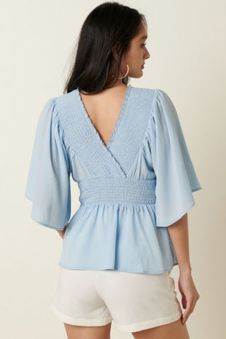 Mittoshop R.S.V.P. Full Size Run Flare Sleeve Peplum Blouse in Blue