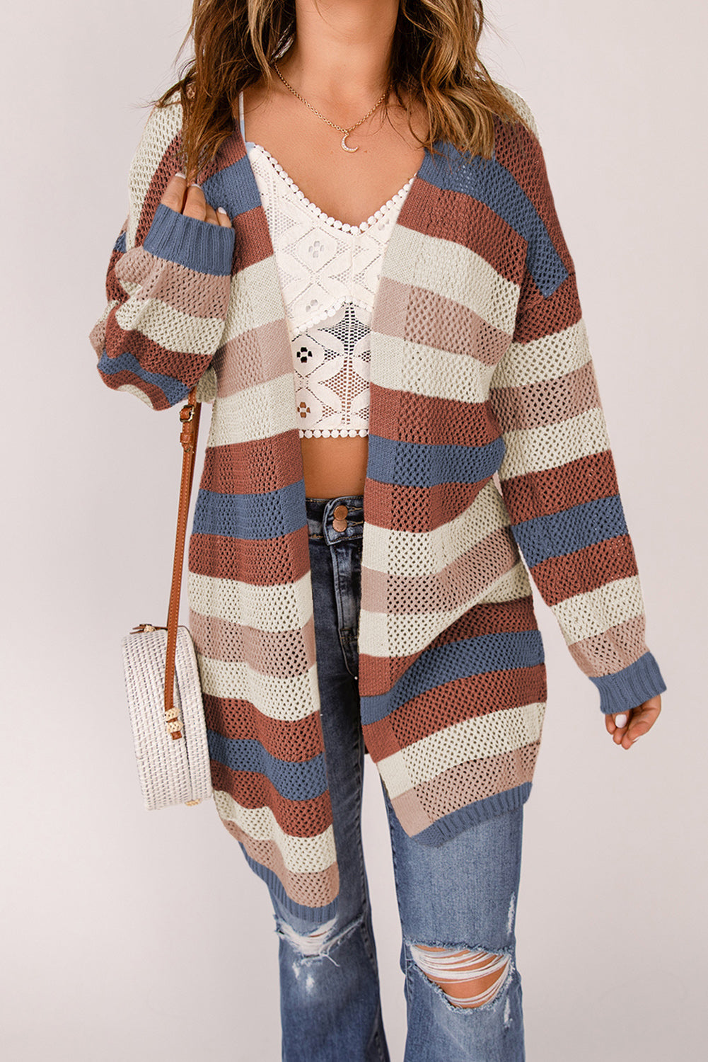 Striped Openwork Open Front Cardigan