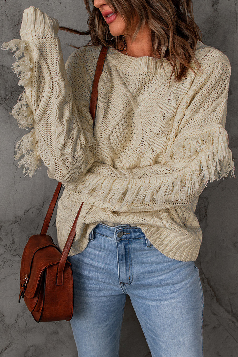 Cable-Knit Fringe Trim Sweater