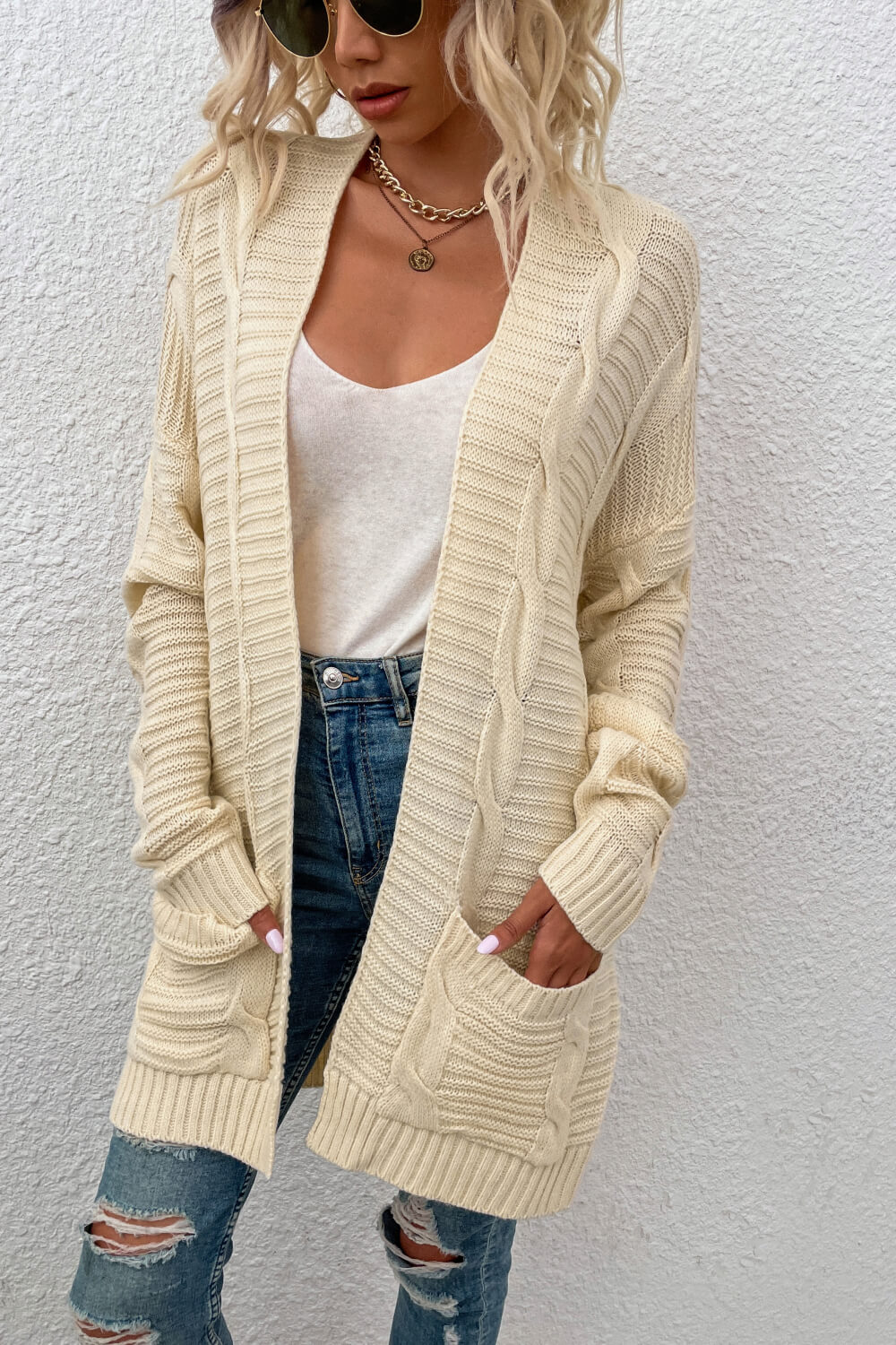 Cable-Knit Open Front Longline Cardigan