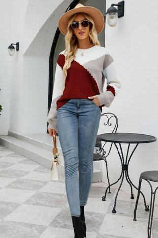 Tricolor Color Block Round Neck Ribbed Trim Sweater