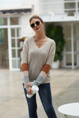 Striped Sleeve Rib-Knit Dropped Shoulder Sweater