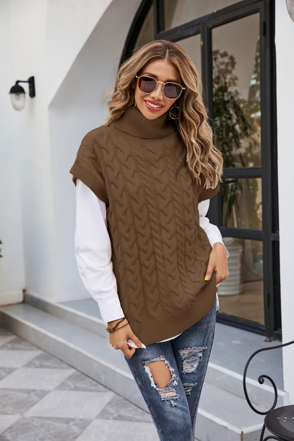 Kurzärmliger Rollkragenpullover aus Strickmischung