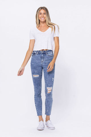High Rise Acid Wash Destroyed Skinny Jeans