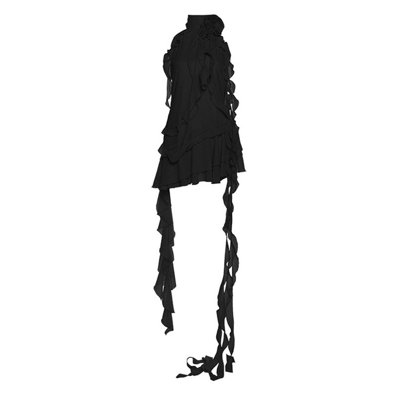 Asymmetric 3D Rosette Detail Halter Neck Ruffle Sleeveless Mini Tiered Dress