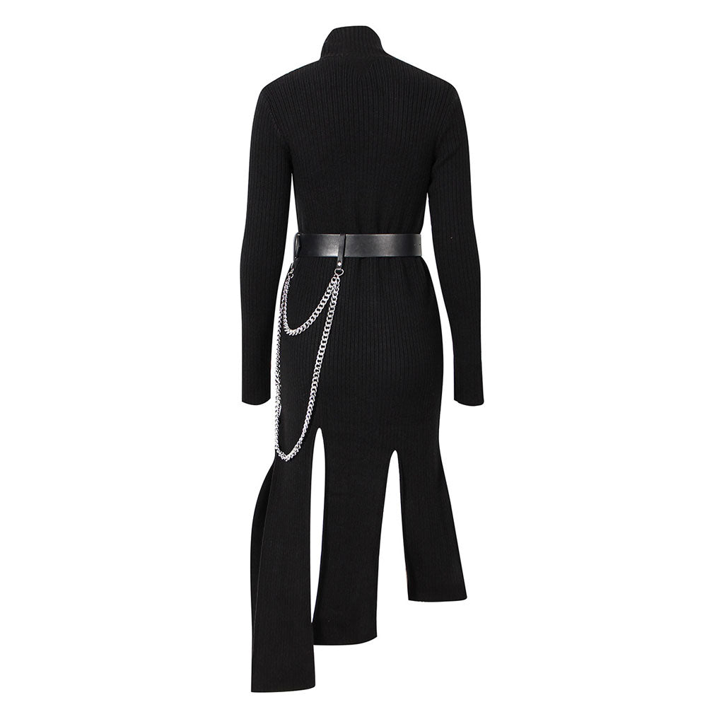 Asymmetric Cut Out Belted High Neck Long Sleeve Fitted Rib Knit Midi Dress