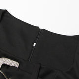 Asymmetric Cutout Crystal Buckle Detail Long Sleeve Bodysuit - Black