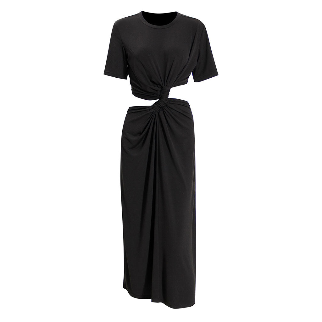 Asymmetric Cutout Ruched Twisted Front Round Neck Short Sleeve Midi Dress