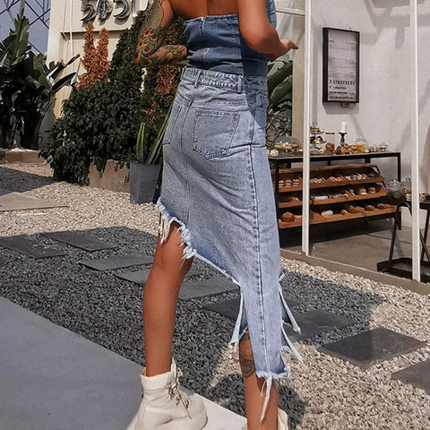 Asymmetrischer High-Waist-Jeansrock mit Used-Look-Saum - Blau