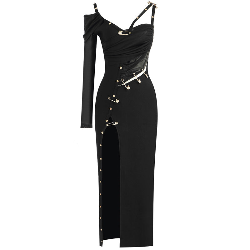 Asymmetric High Slit Pin Trim Cutout Drape Bandage Maxi Dress - Black