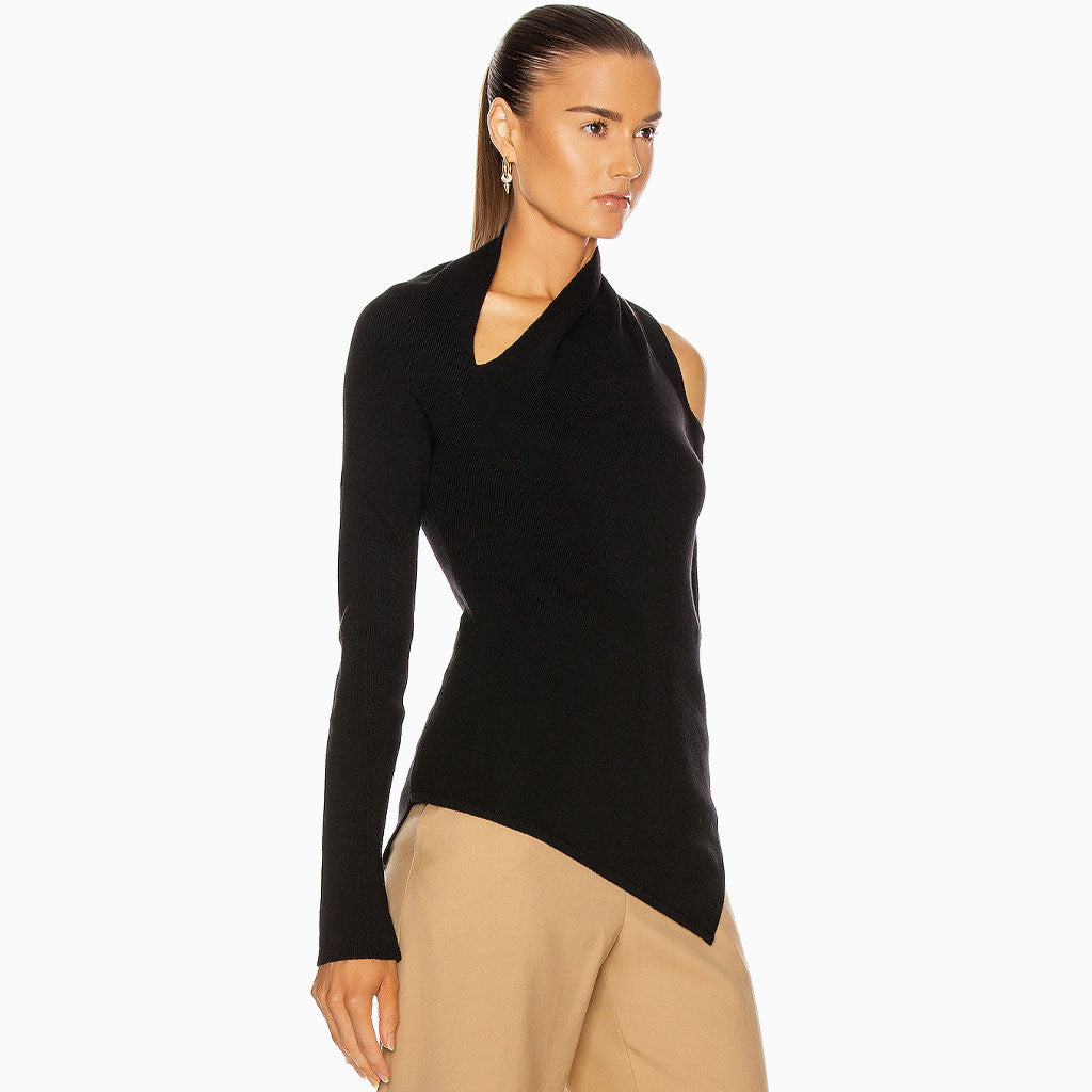 Asymmetric Long Sleeve Cutout French Knit Pullover Top - Black