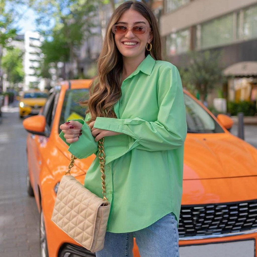 Asymmetric Long Sleeve Single Breasted V Neck Blouse - Green