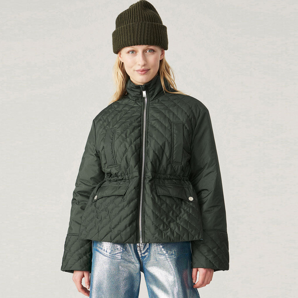 Manteau matelassé asymétrique à manches longues et col montant avec fermeture éclair sur le devant - Vert