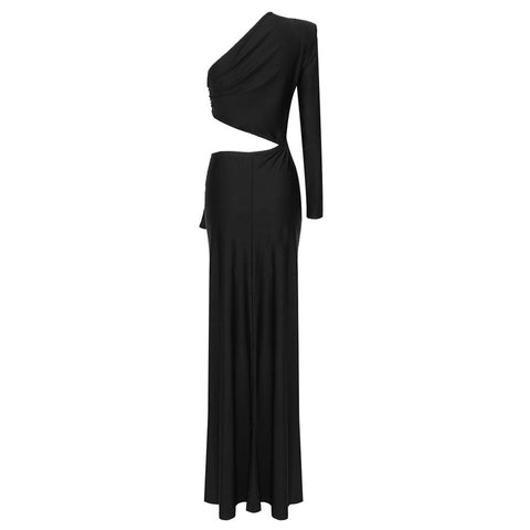 Asymmetrisches Maxikleid mit One-Shoulder-Cutout, drapierter Schleife, gerüschtem hohem Schlitz - Schwarz