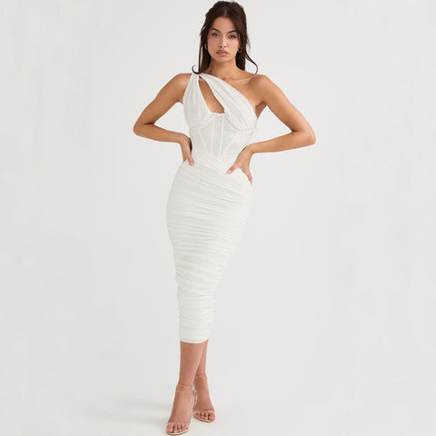 Asymmetrisches One-Shoulder-Cutout-Midikleid aus gerüschtem Korsettnetz - Weiß