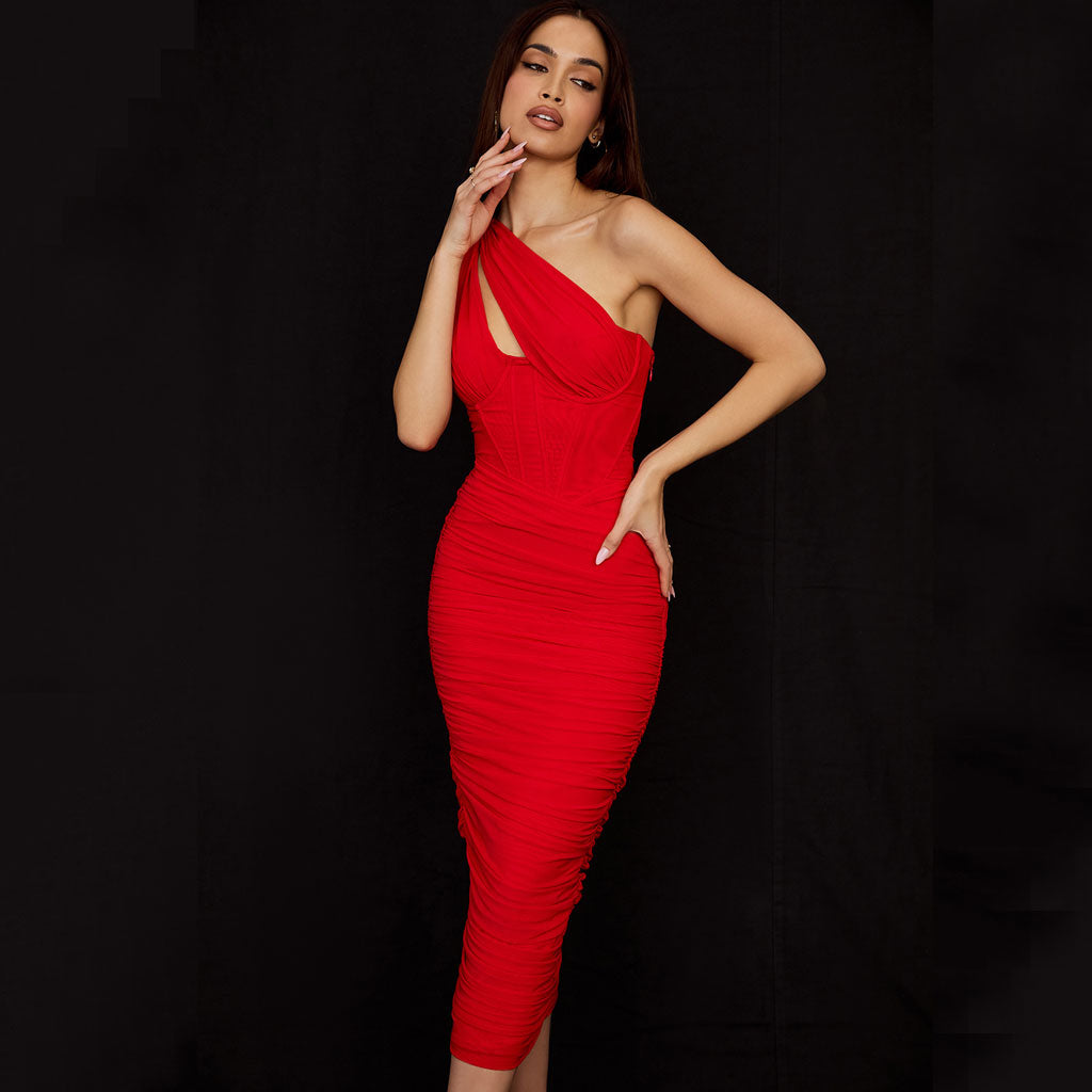 Asymmetric One Shoulder Cutout Ruched Corset Mesh Midi Dress