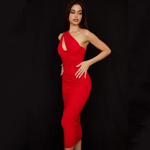 Asymmetric One Shoulder Cutout Ruched Corset Mesh Midi Dress - Red