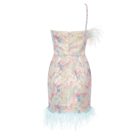 Asymmetrisches One-Shoulder-Plissee-Minikleid mit Pailletten und Federn - Mehrfarbig