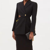 Asymmetric Pin Detail Cutout Long Sleeve Lapel Collar Blazer - Black