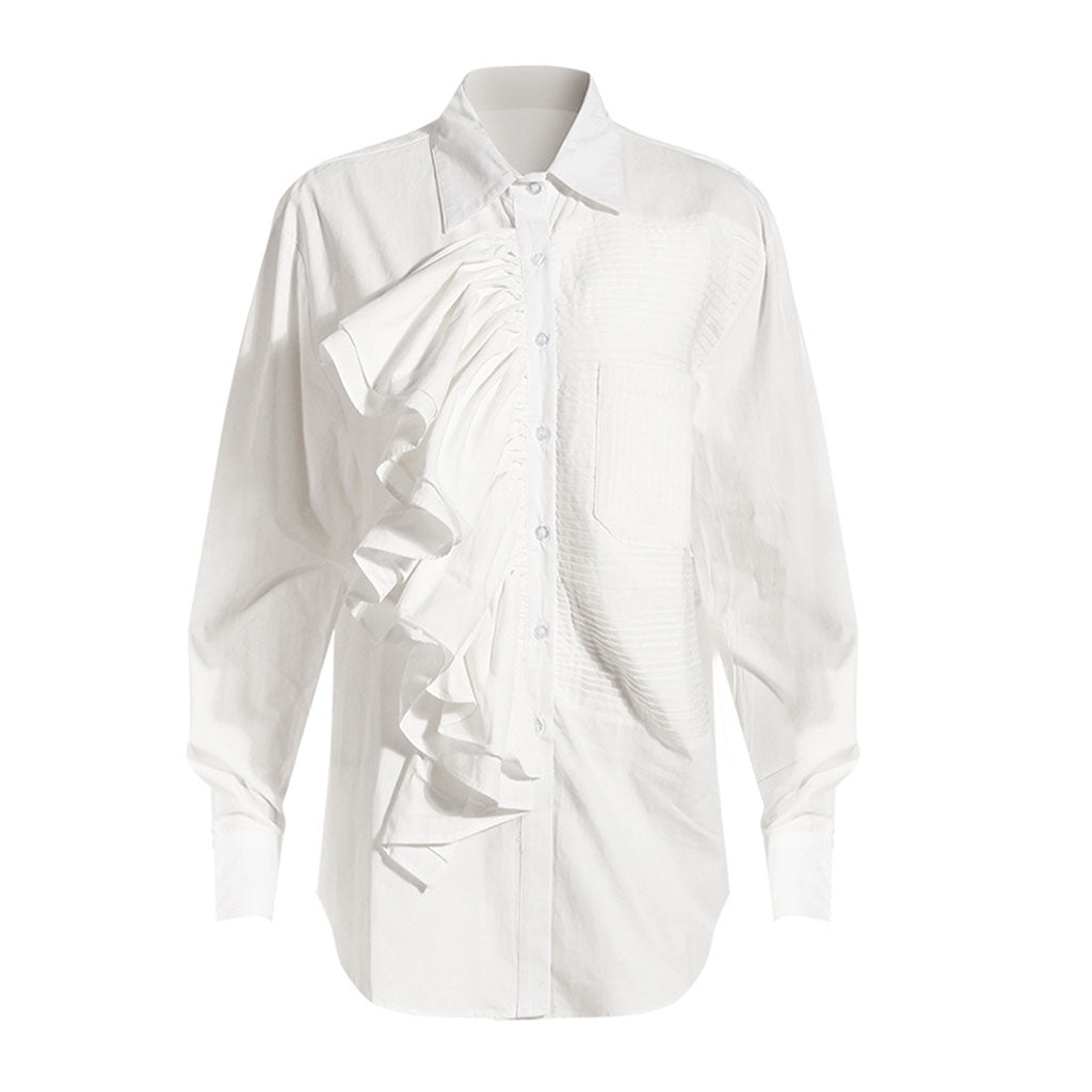 Rcollared Ruffle Trim Asymmetric Ruffled Trim Pleated Collared Button Up Oversized Shirt ...