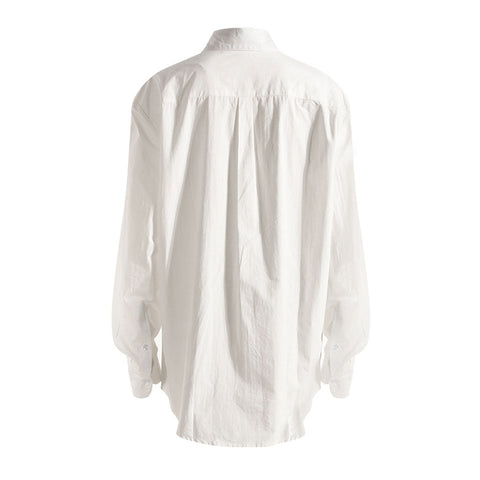 Asymmetric Ruffled Trim Pleated Collared Button Up Oversized Shirt