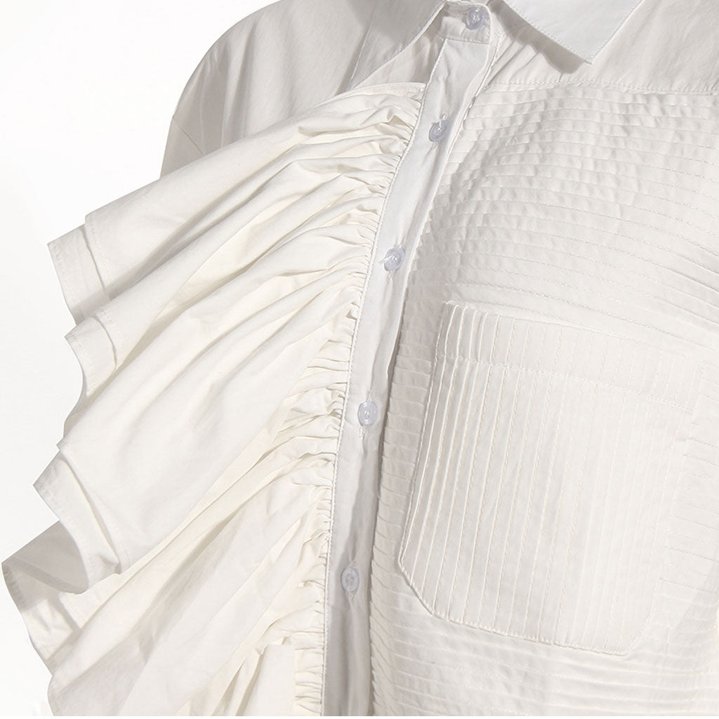 Rcollared Ruffle Trim Asymmetric Ruffled Trim Pleated Collared Button Up Oversized Shirt ...