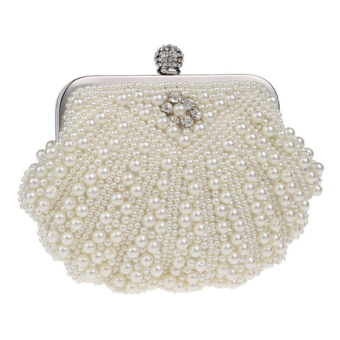 Asymmetrische Clutch mit Muschelmuster und Strasssteinen und Perlen - Creme