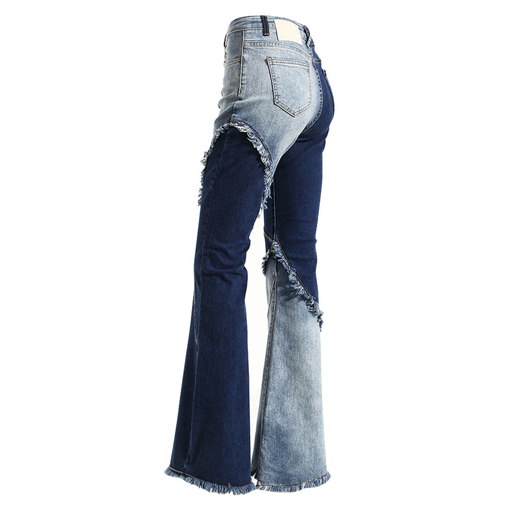 Asymmetric Spliced Two Tone Raw Trim High Waist Flared Jeans